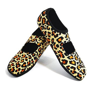 Imagem de Nufoot Sapatilhas femininas Mary Janes Best dobráveis e flexíveis, viagens e exercícios, dança, meias de ioga, sapatos internos, chinelos, Leopardo, Small