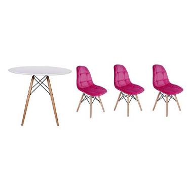 Imagem de Kit Mesa Jantar Eiffel 80cm Branca + 03 Cadeiras Botonê Veludo - Rosa