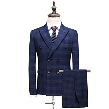 Imagem de Terno masculino slim fit, ternos de 3 peças para homens, jaqueta lisa trespassada dupla colete calça conjunto smoking, azul, GG/52