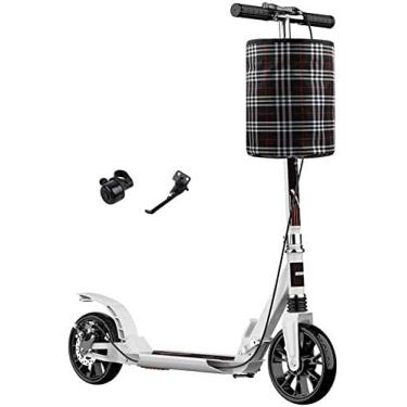 Imagem de Scooters adulto dobrável chute adulto com roda grande e freios de mão capacidade de 330 lbs suspensão dupla com suporte de cesta de armazenamento e sinos, branco
