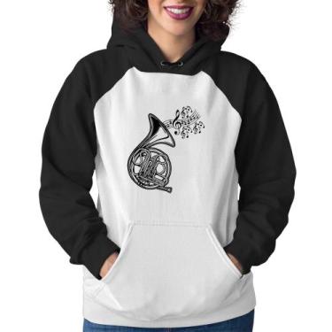 Imagem de Moletom Feminino Trompa Notas Musicais - Foca na Moda, Branco, Preto, 