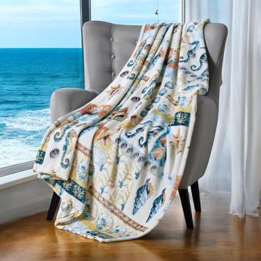 Imagem de Cobertor costeiro Ocean Life: lã de veludo de pelúcia macia tons calmantes de azul verde bege branco vida marinha, cavalos-marinhos areia dólar acento com conchas e coral, grande 127 cm x 178 cm (pela