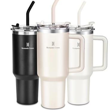 Imagem de Romantic Crown Copo Térmico com Canudo Tampa e Alça 1,18L, Copos Garrafas Termico para viagem vácuo dupla camada aço inoxidável, Caneca Termica Cafe Água Chá,Presente, Fitness (Rosa claro)