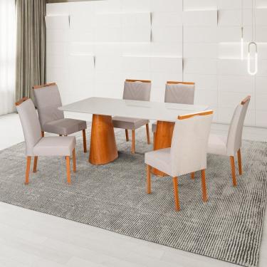 Imagem de Conjunto Mesa Fortaleza com 6 Cadeiras em Madeira, Estofada e Bordada Liz Authentic Espresso Móveis Champagnhe/Off White/Cinza