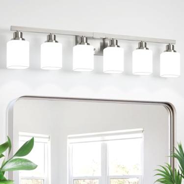 Imagem de DIKAIDA Luminária De Banheiro Com 6 Luzes, Luminárias Níquel Escovado Vidro Fosco Quadrado, Parede Modernas Sobre Espelho, Arandelas Para Quarto E Sala Estar, E26