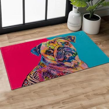 Imagem de MIEPOS Tapete de porta interior colorido Pug, tapete de cachorro fofo, tapete de borracha antiderrapante de 75 x 43 cm, tapete de entrada, para sala de estar, trailer, cozinha, tapetes de entrada