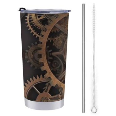Imagem de LMNGH Copo de aço inoxidável de 590 ml com tampa, copo isolado a vácuo, engrenagens, relógio bronze centésimo, caneca de café para viagem, copo isolado de parede dupla para copo de carro reutilizável
