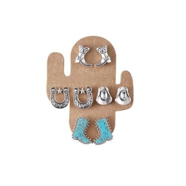 Imagem de A-yeite Conjunto de 4 pares de brincos de cowgirl ocidental, turquesa, vintage, chapéu de caubói, cacto, coração, brincos declarativos, joias country ocidentais, Zinco, Sem pedra preciosa