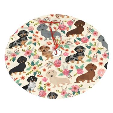 Imagem de Saia de pelúcia para árvore de Natal 91 cm, salsicha de dachshund, cães, estampa de flores rosas, enfeites de árvore de Natal, saias de árvore de Natal, Dia de Ação de Graças, decoração de casa, festa