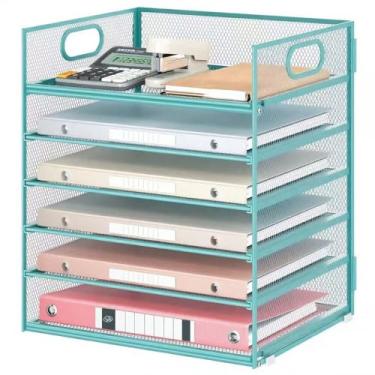 Imagem de Bandeja organizadora de papel de 6 camadas com alça, organizador de arquivos de mesa de malha, organizador de prateleira de documentos de mesa de metal, organizador de classificador de papel para