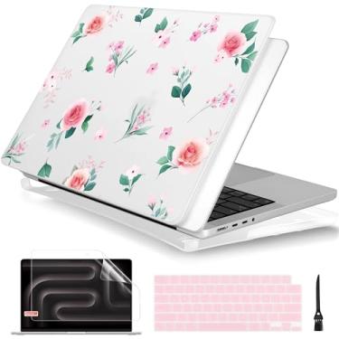 Imagem de Batianda Capa para MacBook Pro de 16 polegadas versão 2024 2023 2021 com chip M4 M3 M2 M1 Pro/Max, capa rígida fosca com design floral elegante com capa de teclado e protetor de tela, rosa pêssego