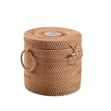 Imagem de Cesta de armazenamento de cestas de vime com tampa, caixas de frutas redondas de vime, tampas decorativas, mini organizador de pão para lanche (10)