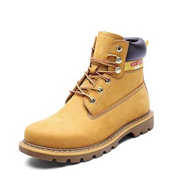 Imagem de Bigfanshu Bota feminina de cano curto e bota, primeira camada de couro para uso ao ar livre, ferramentas altas para ajudar sapatos de tamanho grande, Amarelo, 11.5