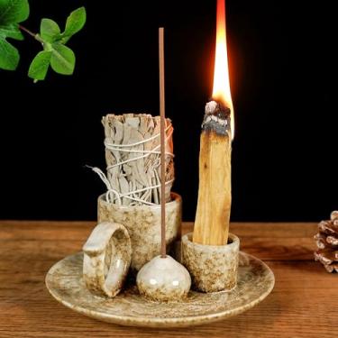 Imagem de MOUGIGI Tigela de cerâmica 5 em 1 marrom de 13 cm - suporte de incenso, pequeno suporte de vela, tigela/prato de borrão, serve para Palo Santo, sálvia. Altar zen para meditação/ioga, aromas aromáticos