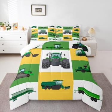 Imagem de Conjunto de cama com estampa de trator para crianças, verde, amarelo, caminhão, escavadeira, desenho animado, veículo, carro, enchimento, equitação, caminhões, 2 peças