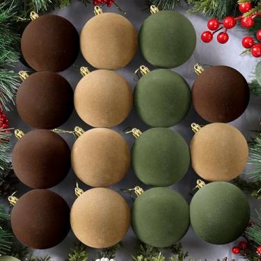 Imagem de OCTERIC 24 peças de enfeites de bola de Natal de veludo de 8,5 cm, bolas flocadas, decorações penduradas de Natal para árvore de Natal, suprimentos de festa em casa (marrom, cáqui, verde)