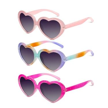 Imagem de QALLY Óculos de sol infantis polarizados para o coração: óculos de sol para meninas com proteção UV para crianças pequenas, pacote com 3 a 12 anos, Rosa + arco-íris + roxo rosa, Medium