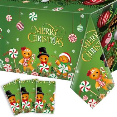 Imagem de WovWeave 3 peças de toalha de mesa de Natal doce decoração de festa feliz Natal 137 x 277 cm homem de gengibre hortelã-pimenta candyland cane capa de mesa de plástico retangular para artigos de festa