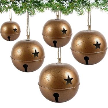 Imagem de 5 peças de sinos gigantes de trenó de Natal, enfeites de árvore de Natal, sinos de metal vintage com corda de pendurar de juta para decoração de casa e lareira de porta de Natal
