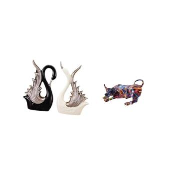 Imagem de Fenteer Elegante Coleção de Esculturas de Cerâmica em Resina de Touro Cisne para Sala de Estar Moderna, Prateleira, Mesa, Decoração de Lareira de Aniversário