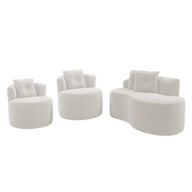 Imagem de Kit Sofá E 02 Poltronas Orgânicas Living Bob Com Almofadas Bouclê Off White - Desk Design