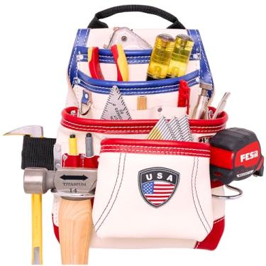 Imagem de FESA Bolsa de ferramentas de couro para carpinteiro - Bolsa de carpinteiro de couro de grão superior pesado com 10 bolsos com 2 laços de martelo, bolsos grandes e pequenos - serve para cintos de