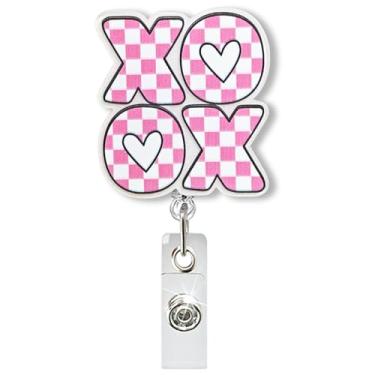 Imagem de Carretel retrátil de crachá XOXO para Dia dos Namorados, rosa e branco, para enfermeiras de enfermagem, RN CMA CNA LPN, médico, trabalhador e professor, presente engraçado de enfermeira, crachá de dia