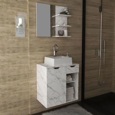 Imagem de Kit Banheiro com Cuba Gabinete Espelheira Mármore Branco - Tecno Mobil