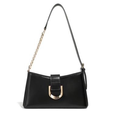 Imagem de MFFOR Bolsa de ombro de couro legítimo, bolsas femininas, pequenas bolsas transversais, bolsas fofas com alça ajustável, Preto, Bolsa de ombro feminina com corrente de couro genuíno