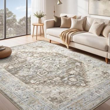 Imagem de Tapete lavável 20 x 25 cm; boho vintage envelhecido medalhão oriental neutro fino grande tapete para sala de estar, quarto, sala de jantar, decoração de escritório em casa - marrom cinza