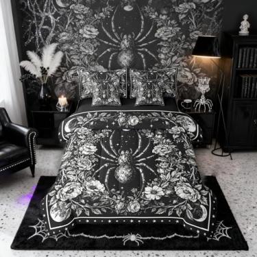 Imagem de Erosebridal Conjunto de edredom Queen gótico com lençol | Aranha gigante, 7 peças, tarântula, cama, em uma bolsa, galáxia, lua, vintage, floral, decoração gótica, preta