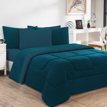 Imagem de Kit Edredom + Jogo De Lençol Malha 100% Algodão Gran Moratta 6 Peças King - Azul Petróleo/Azul Petróleo
