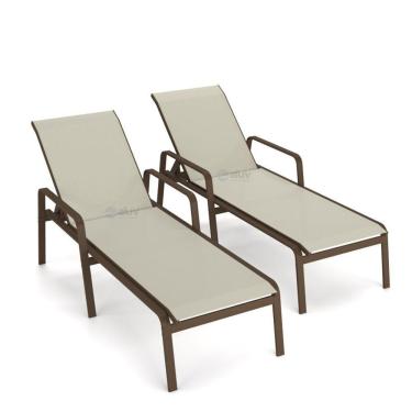 Imagem de Kit 2 Espreguiçadeira Piscina Alumínio Marrom Tela Bege