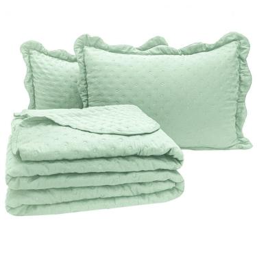 Imagem de Kit Cobre Leito Colcha Perone Casal Padrão Dupla Face Toque De Pluma Micro Percal 300 Fios 3 Peças - Verde Tifany