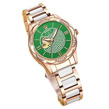 Imagem de Relógio feminino de cerâmica, relógio de pulso mecânico automático elegante em forma de coração com mostrador brilhante de aço inoxidável com pulseira mista à prova d'água 30 m, verde