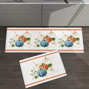 Imagem de Conjunto de 2 tapetes de cozinha de Ação de Graças Abóbora Folhas de Marple Listra Azul Laranja para Piso Tapetes e Tapetes Antiderrapantes Absorventes Tapete Conforto Permanente