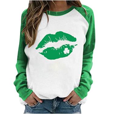 Imagem de Camisetas femininas do Dia de São Patrício camisetas estampadas com lábios, trevo, plus size, blusas de primavera para mulheres 2024, Roupas femininas Green St Patty Day, G
