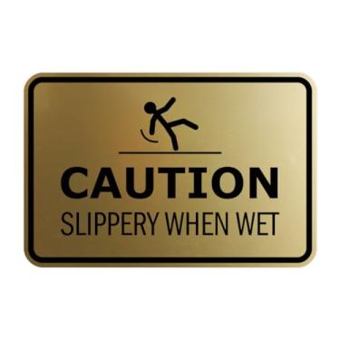 Imagem de Signs ByLITA Cuidado com moldura clássica: Slippery When Wet Door or Wall Sign Easy Installation | Saúde e segurança | Placa de construção e aviso (ouro escovado) - Grande