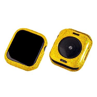 Imagem de hallomomo Pacote com 2 capas de glitter brilhantes compatíveis com Apple Watch de 45 mm, série 8/7, feito à mão, presente de glitter real para mulheres e meninas, capa macia de 45 mm (amarelo)