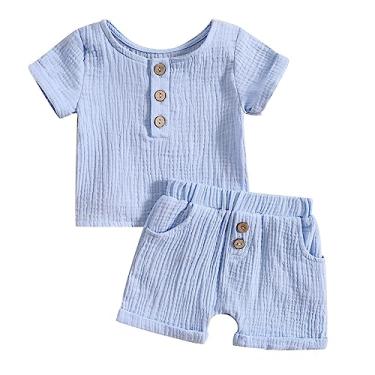 Imagem de LRSQOICM Camiseta unissex para bebês recém-nascidos primavera verão botão sólido algodão manga curta shorts calças de moletom, Azul, 18-24 Meses