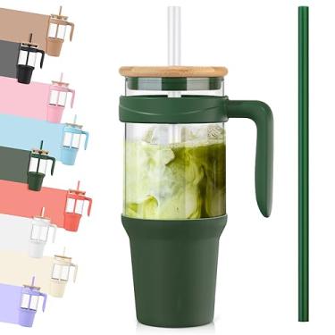 Imagem de Copo de vidro Tronco 1,2 l, com canudo e tampa de bambu, reutilizável, com alça, copo para café gelado, garrafas de água, compatível com porta-copos, perfeito para smoothie