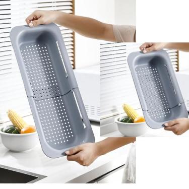 Imagem de NIWWIN Coador de cozinha dobrável, escorredor expansível sobre a pia para cozinha, coador de pia portátil de silicone ajustável, cesto de macarrão dobrável para lavagem de frutas, legumes (cinza)