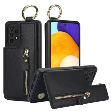 Imagem de HJZSZX Para Samsung A25 Anel Couro Zíper Carteira Cartão Telefone Capa Flip Suporte Capa (Para Samsung A25/preto)