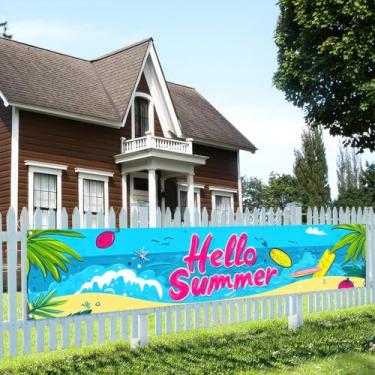 Imagem de BlissYard Hello Summer Banner suprimentos de festa de verão decorações piscina prancha de surf grande placa de quintal 299,7 x 50,8 cm decorações de cerca banner praia festa suprimentos interior