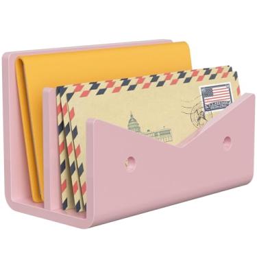 Imagem de Rulyyo Porta-envelope organizador de correio - 2 compartimentos rosa acrílico suporte de correio bancada organizador de mesa vertical pequeno arquivo de notas de documentos, caderno de notas