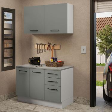 Imagem de Kit com Balcão e Armário Aéreo Multiuso 120cm Branco/Cinza Agata Madesa