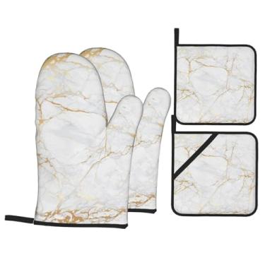 Imagem de Perinsto Conjunto de 4 peças de luvas de forno e suportes de panela de mármore em ouro branco, luvas decorativas resistentes ao calor, luvas de forno de micro-ondas para cozinha, assar, grelhar