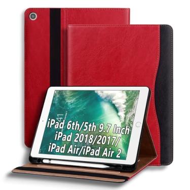 Imagem de TIPOYOROOS Capa para iPad 6ª/5ª geração 9,7 polegadas iPad 2018/2017/iPad Air/iPad Air 2, capa inteligente com bolso e suporte para lápis, Apple iPad 9.7 Business PU couro com compartimento para