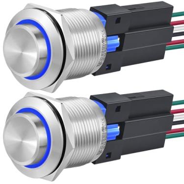 Imagem de ZJWZJH (2 Peças) Certificação Ul 22 Mm Interruptor De Botão Pressão Com Trava 12 V Cc Alto Redondo À Prova D'Água Ip67 Liga/Desliga Aço Inoxidável Luz Led Para Fio 7/8" (Azul, Trava, V)