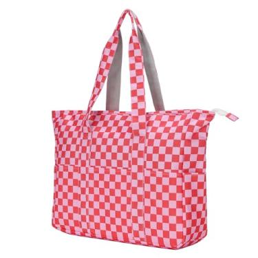 Imagem de Lovelinks21 Bolsa feminina grande com zíper, utilitária, trabalho, viagem, academia, praia, piquenique, férias, bolsa de ombro, Xadrez rosa e vermelho, Large, Sacola